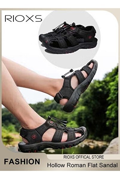 RIOXS Men's Hollow Roman Sandals, Round Closed Toe Flat Sandals, Leather Fish...