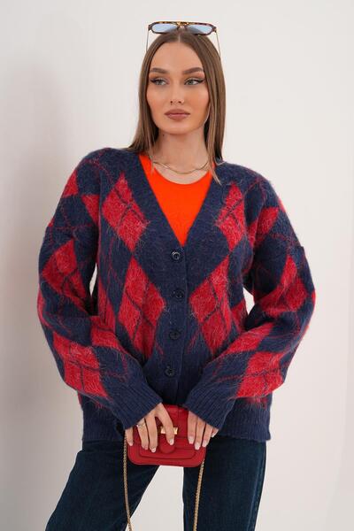 ŞİMAL Women's Diamond Pattern Button Closure Knitwear Knitted Cardigan 255443 -