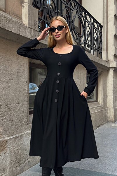 VAGGON Women's Black Button Detailed Round Neck Pleated Ottoman Dress Vs01649