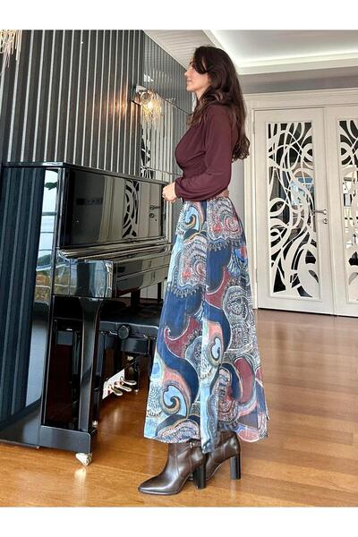 Atelier Derin Μπλε καφέ φούστα σιφόν με ζώνη