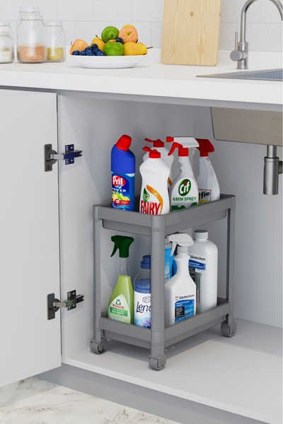 Omaş Household Product Maja White Raft de baie cu 2 niveluri, cu rotile, Organizator pentru dulapuri de bucatarie, Organizator sub blat