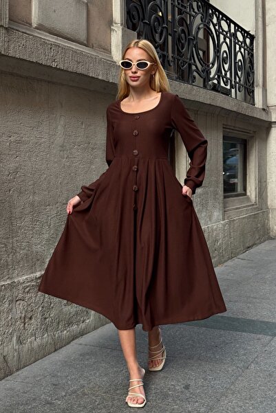 VAGGON Women's Brown Button Detailed Round Neck Pleated Ottoman Dress Vs01649