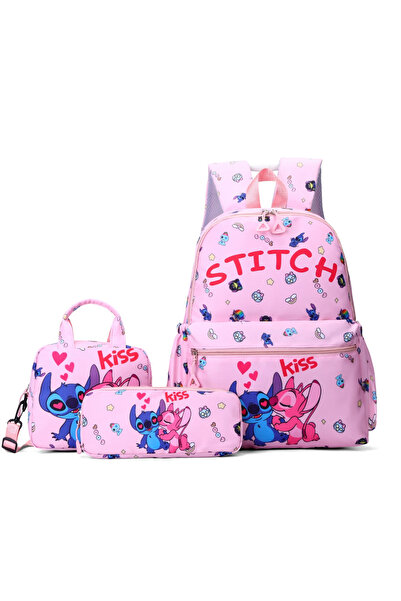 NO BRAND حقيبة ظهر ستيتش للمدرسة الابتدائية، طقم من 3 قطع، 30×13×40 سم، وردي