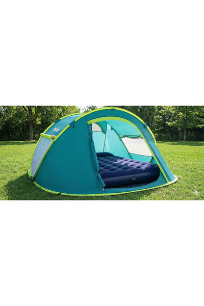 BESTWAY Premium Kamp Seti: 4 Kişilik Çadır + Kendinden Pompalı & Yastıklı Queen Şişme Yatak