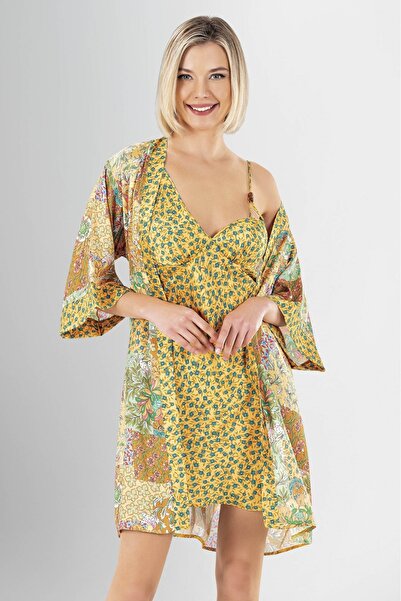 Loriva طقم ملابس نوم نسائي من قطعتين من الساتان – قميص نوم قصير بنقشة زهور صف...