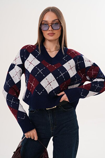 ŞİMAL Women's V-Neck Baklava Pattern Knitwear Knitted Sweater 255189 -