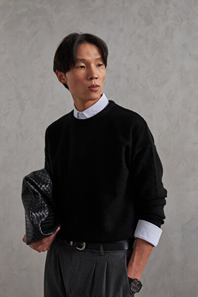 HYMAN Ανδρικό πουλόβερ με λαιμόκοψη oversized με αντίστροφο πλεκτό σχέδιο