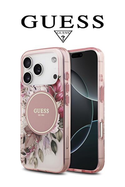 Guess iPhone 17 Pro Max silicone case in a clear pink color with an elegant rose pattern. This iPhone 17 case supports wireless charging.