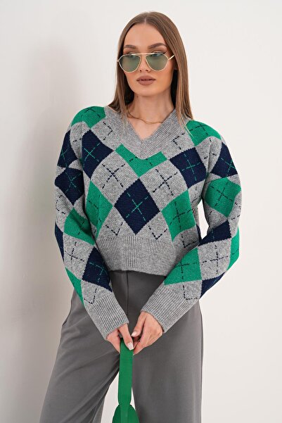 ŞİMAL Women's V-Neck Baklava Pattern Knitwear Knitted Sweater 255189 -