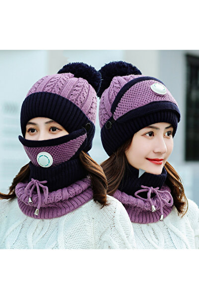 NO BRAND Winter Fashion Cycling Hat, Knit Hat 3-Piece Set, Hat + Neck Warmer ...