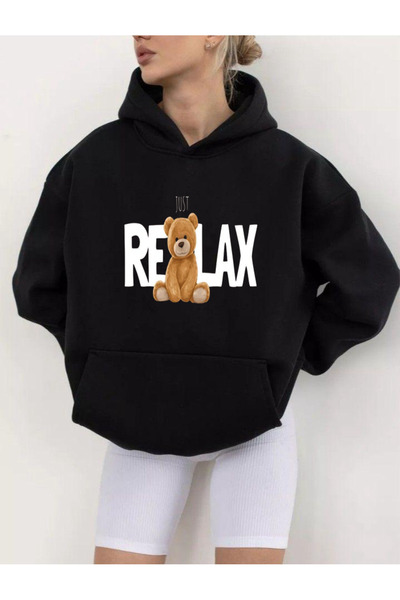 Rivox سويت شيرت رجالي أسود بغطاء رأس قصة فضفاضة bearrelax مطبوع