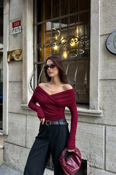 BEJNA Women's Burgundy Gathered Double-Breasted Neck Soft Textured Modal Blouse