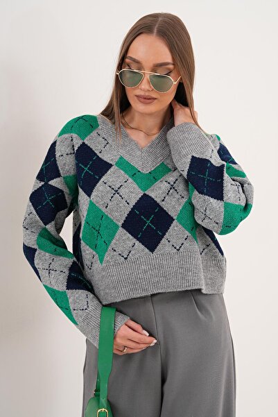 ŞİMAL Women's V-Neck Baklava Pattern Knitwear Knitted Sweater 255189 -