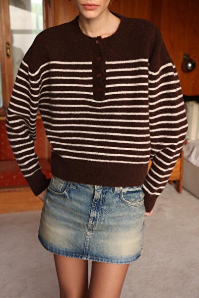 Mixray 6989 Women's Wool Blend Button Detail Premium Knitwear Sweater Mink Black