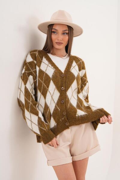 ŞİMAL Women's Diamond Pattern Button Closure Knitwear Knitted Cardigan 255443 -