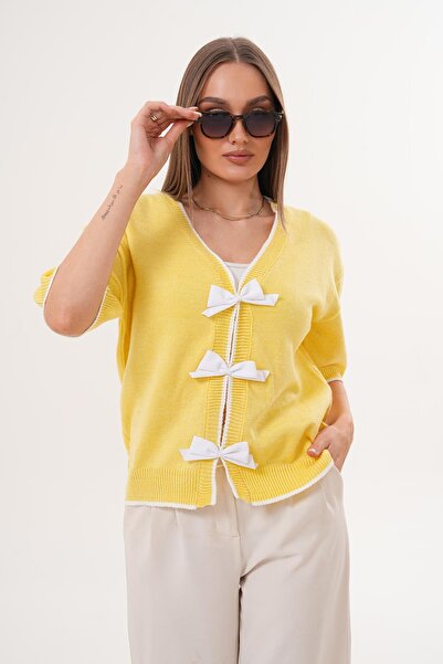 ŞİMAL Women's Bow Detailed Knitwear Knitted Short Sleeve Sweater 255179 -