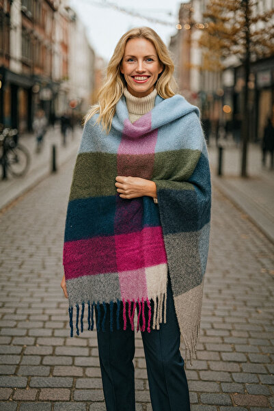 CİDDE Γυναικείο καρό πλεκτό σάλι με φούντες/ΦΟΥΣΙΑ/ΣΤΑΝΔΑΡΤ