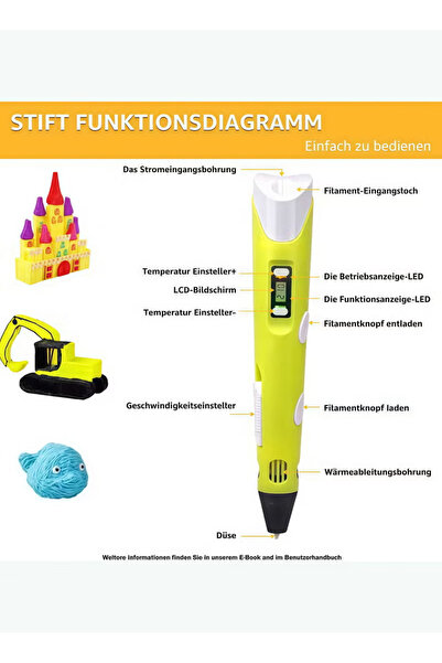 Generic Children's 3D printing pen, 3D pen with display, adjustable temperature and speed,Yellow