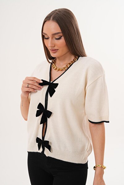 ŞİMAL Women's Bow Detailed Knitwear Knitted Short Sleeve Sweater 255179 -