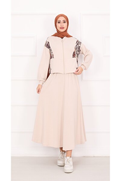 Esre Store 21130 - Set fustă crop cu detalii Garni, bej