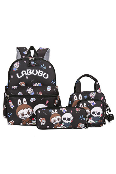 NO BRAND Labubu Children's Backpack, Large Capacity, 4-Piece Set, 26x12x34cm,...