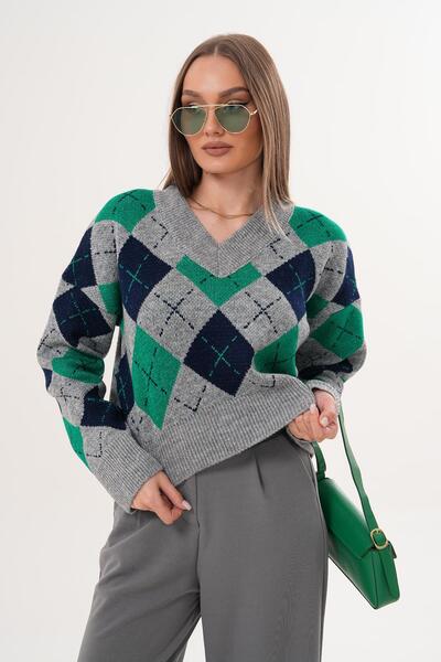 ŞİMAL Women's V-Neck Baklava Pattern Knitwear Knitted Sweater 255189 -