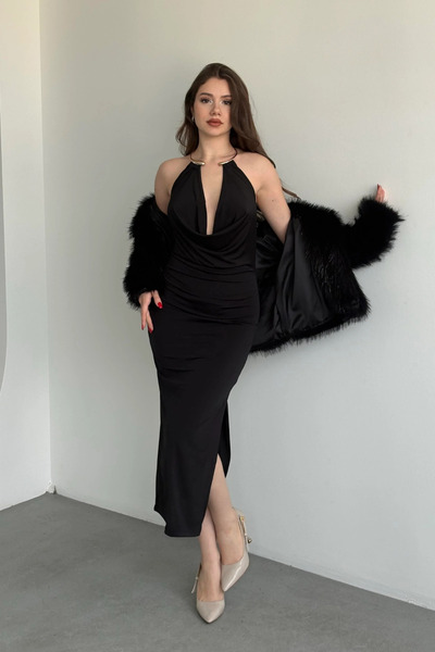 Sorridi Ντραπέ φόρεμα μίντι με σκίσιμο και χρυσά αξεσουάρ στο λαιμό