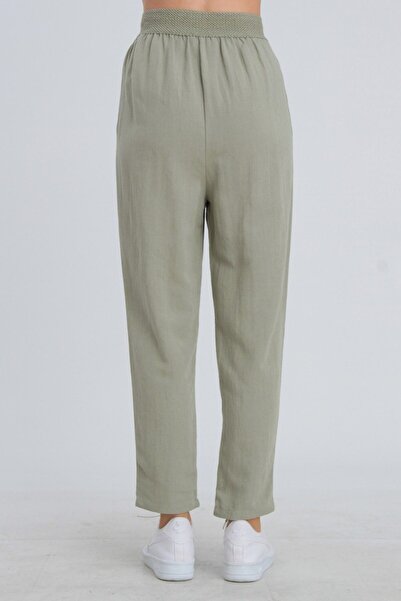 My Blog Khaki Elastic Pleated Trousers with Belt Detail - 50826