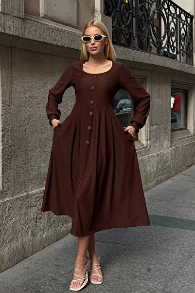 VAGGON Women's Brown Button Detailed Round Neck Pleated Ottoman Dress Vs01649