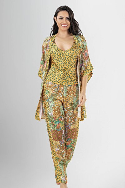 Loriva Women's 3-Piece Satin Set – Yellow Strap Top, Patchwork Patterned Pant...