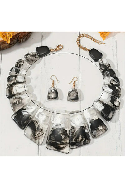 set.up Black White Color Glass Model Natural Stone Necklace Earring Set
