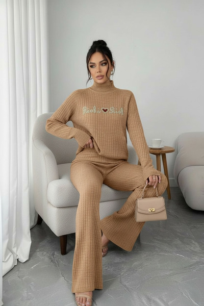 NEWCO Corded Fabric Textured Pearl Embroidered Finger-Threaded Half-Turtleneck Knitwear Two-Piece Suit