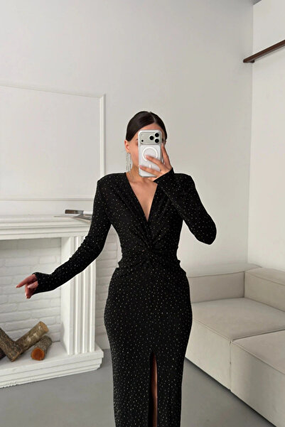 MOZENA Derin Yırtmaçlı Kruvaze Yaka Simli Uzun Elbise