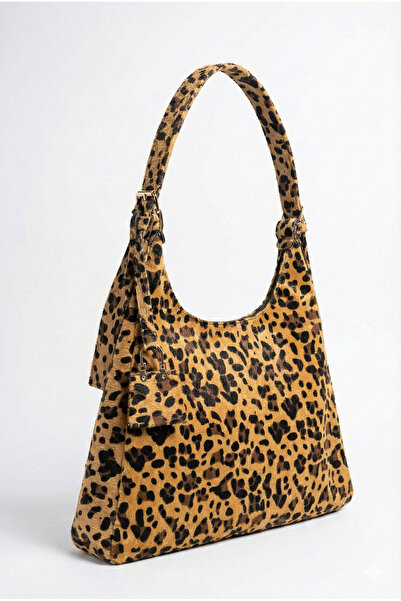 KISCHE Women's Shoulder Bag Suede Leopard Print Casual Lined Zippered Adjustable Charmlı Lisa