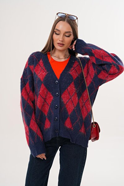 ŞİMAL Women's Diamond Pattern Button Closure Knitwear Knitted Cardigan 255443 -