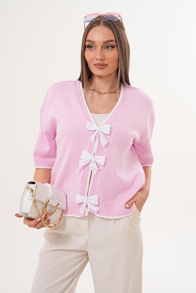 ŞİMAL Women's Bow Detailed Knitwear Knitted Short Sleeve Sweater 255179 -