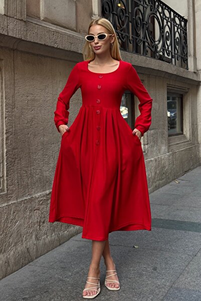 VAGGON Women's Red Button Detailed Round Neck Pleated Ottoman Dress Vs01649