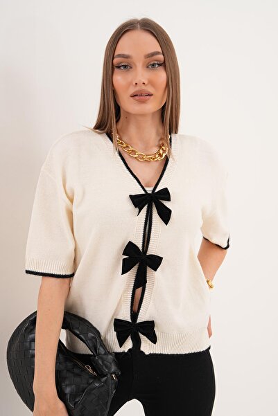 ŞİMAL Women's Bow Detailed Knitwear Knitted Short Sleeve Sweater 255179 -