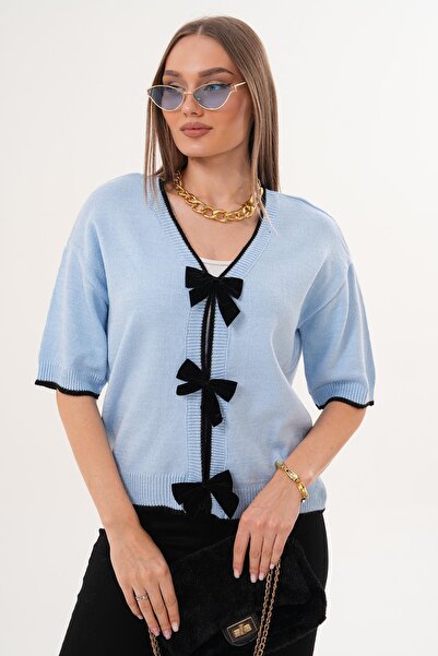 ŞİMAL Women's Bow Detailed Knitwear Knitted Short Sleeve Sweater 255179 -