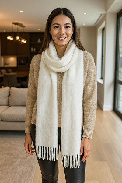 CİDDE Γυναικείο καρό πλεκτό σάλι με φούντες/ΛΕΥΚΟ/ΣΤΑΝΔΑΡΤ