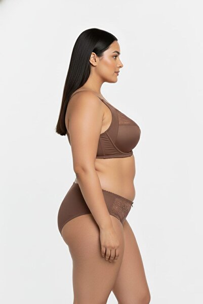 enmodaiçgiyim Καφέ Σουτιέν Μεγάλου Μεγέθους C Balconette Lace εφέ σύσφιξης – Πλήρης κάλυψη, Υψηλή Στήριξη, Φαρδύ λουράκι