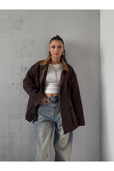 OYKUWEAR Elvar Yakası Kadife Detay Ekose Astarlı Acı Kahve Ceket
