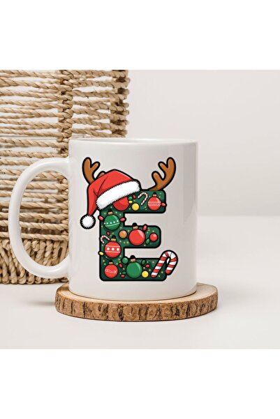 kubdekor E Harfi Yılbaşı Noel Temalı Hediyelik Baskılı Kupa Bardak