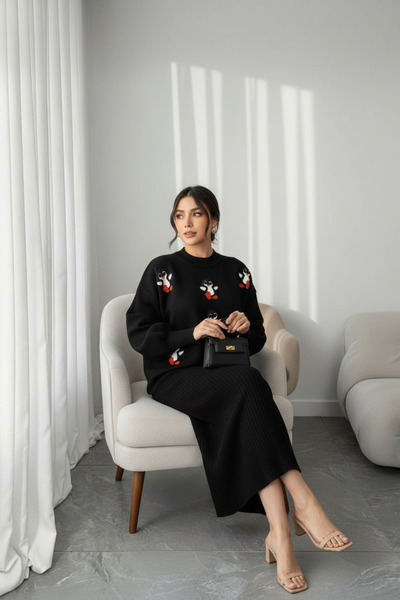 NEWCO Black Corded Fabric Maxi Knitwear Dress & Penguin Patterned Oversized Knitwear Sweater Double Set