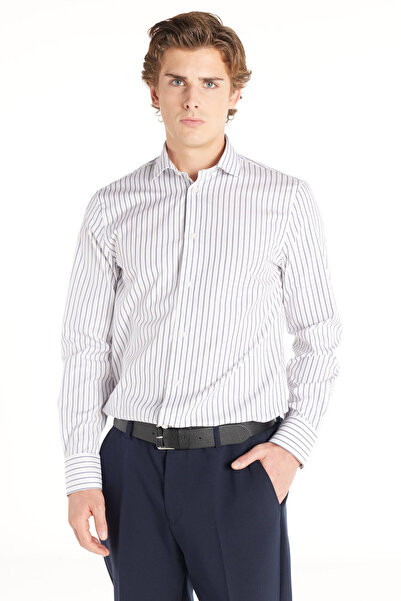 Ted Baker LACİVERT PAMUK ÇİZGİLİ SLİM FİT KLASİK GÖMLEK