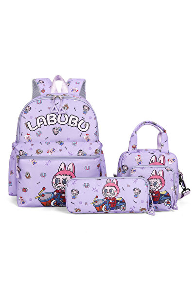 NO BRAND Labubu Kids Backpack, Large Capacity, 4-Piece Set, 26x12x34cm, Purple