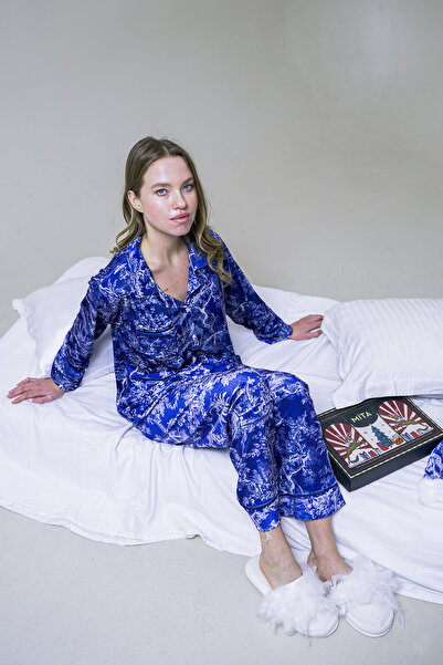 Mita Concept Dark Blue Patterned Velvet Pajama Set