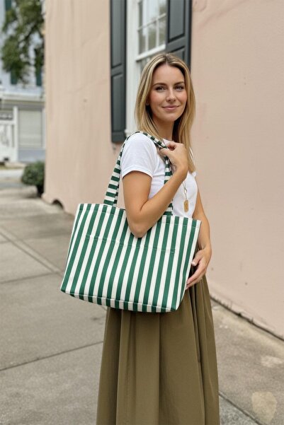 Bagg Green Striped Woven Fabric Bag