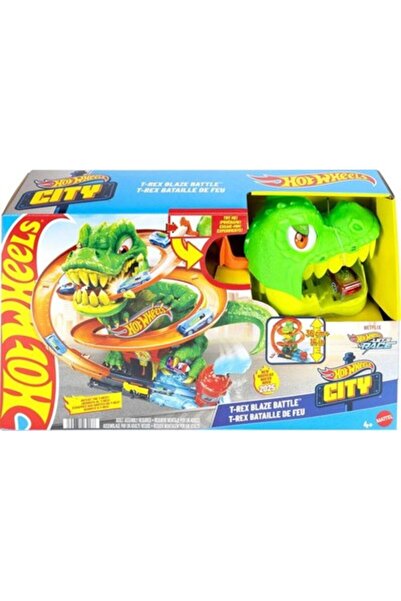 Hotwhells Toy Car Track Set, City T-Rex Blaze Battle Playset & 1:64 Scale Die-Cast Vehicle