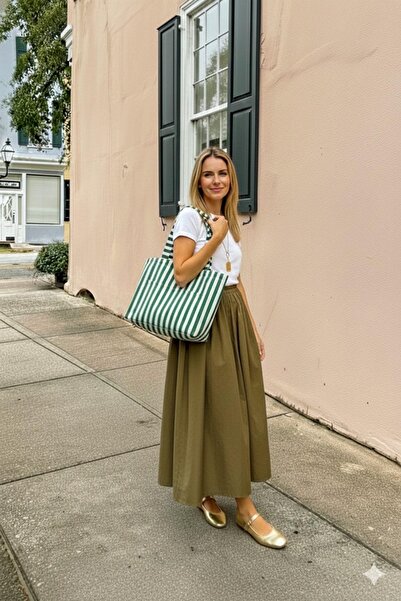 Bagg Green Striped Woven Fabric Bag